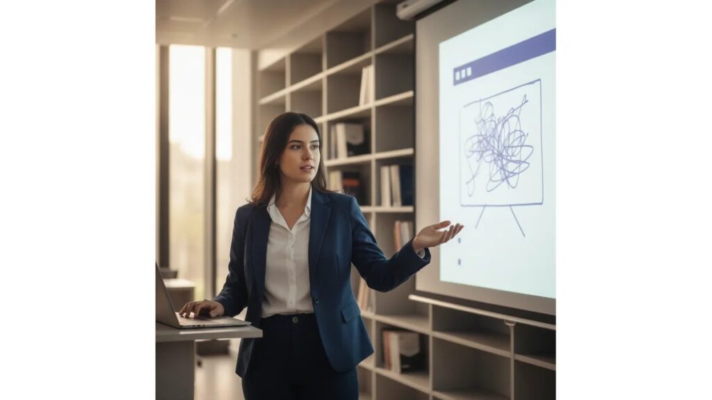 Estudante universitária apresentando Modelo de Slide para TCC em projetor, mostrando estrutura profissional com título, pontos principais e formatação ABNT em sala de conferência moderna