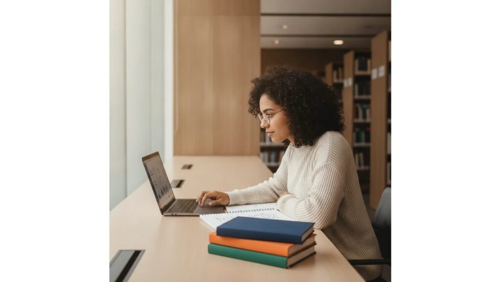 Estudante universitária formatando TCC em ABNT no laptop com livros e caderno ao lado, em biblioteca moderna com Modelo TCC ABNT