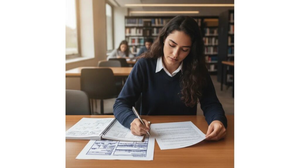 Estudante universitária revisando modelo de trabalho acadêmico abnt bem formatado em ABNT sobre mesa de madeira, com notebook e caneta, em ambiente de biblioteca moderna