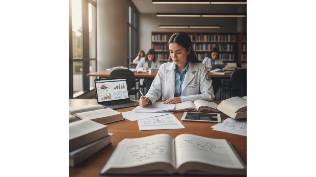 Estudante de farmácia em biblioteca universitária estudando monografia ANVISA com documentos regulatórios e laptop