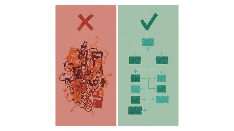 Infográfico visual com 4-5 erros comuns, cada um mostrando "Antes (❌ Errado)" e "Depois (✓ Correto)" com exemplos práticos em caixas lado a lado