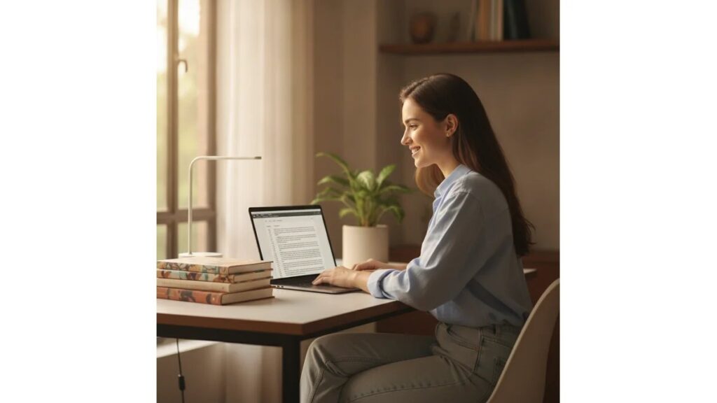 Estudante universitária brasileira sorrindo confiante em frente ao laptop com documento de TCC formatado nas normas ABNT para TCC, ambiente de estudo organizado