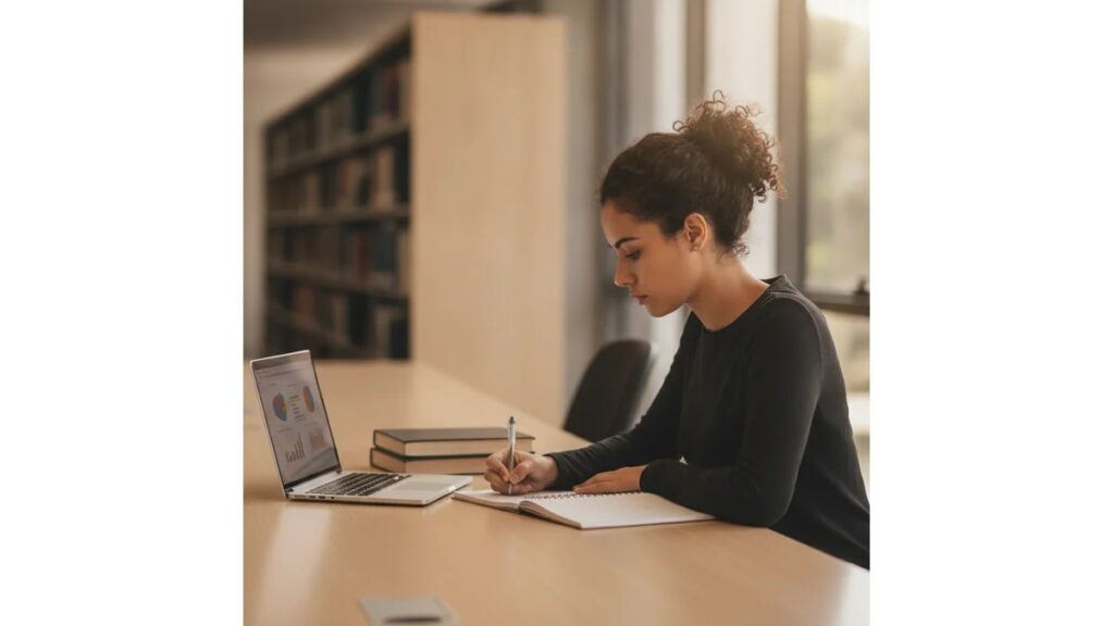 Estudante universitária brasileira concentrada escrevendo sua monografia em biblioteca moderna com notebook e livros