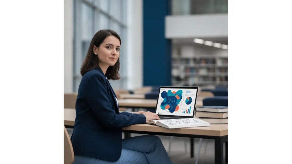Estudante de pós-graduação consultando o que é plataforma sucupira em laptop, com livros e gráficos de avaliação ao fundo