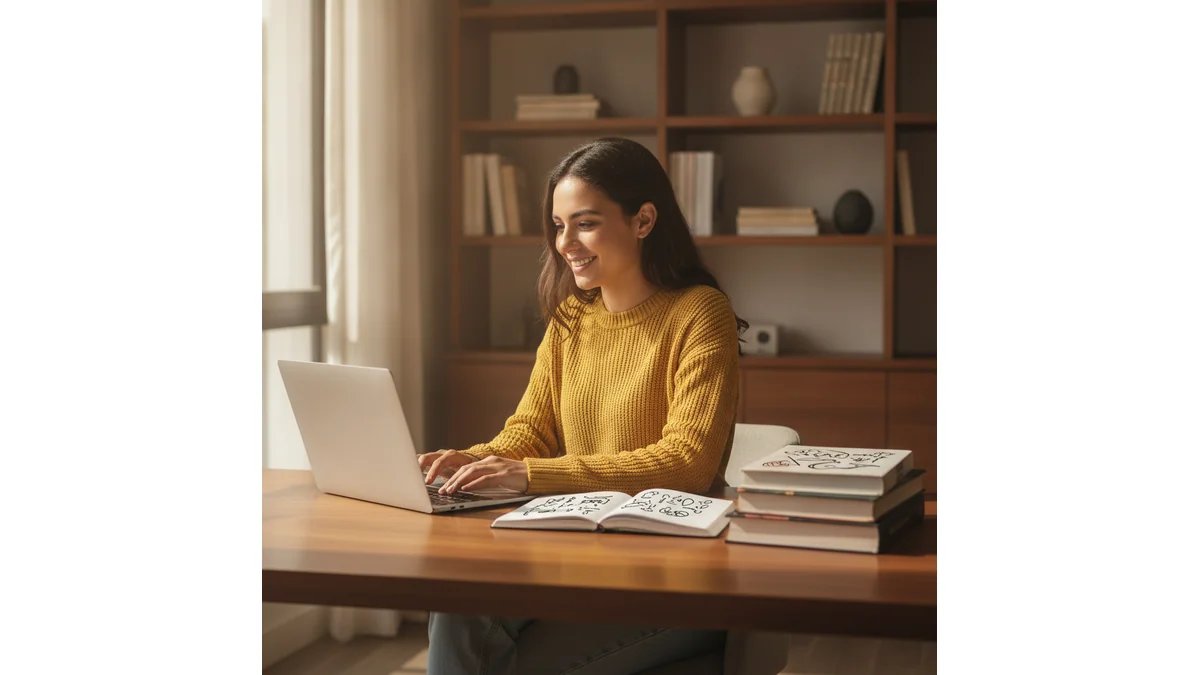 Estudante universitário confiante sorrindo enquanto trabalha no laptop com livros e cadernos organizados sobre a mesa, ambiente de estudo iluminado e acolhedor