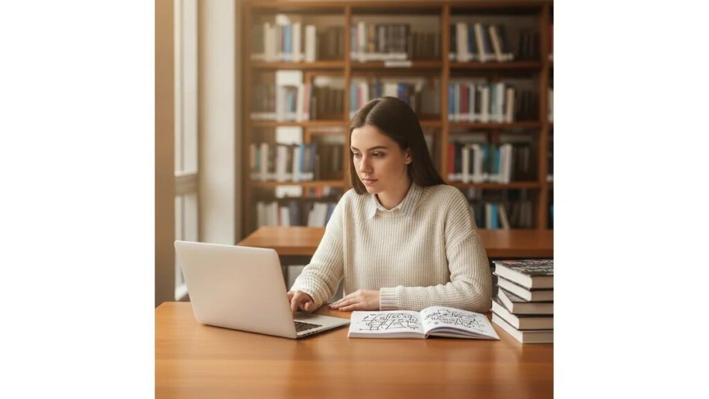 Estudante de mestrado brasileira estudando em biblioteca universitária moderna com laptop, caderno de anotações e livros acadêmicos, representando a estrutura e organização necessária para um pré-projeto de mestrado