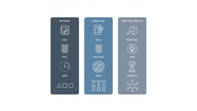 Tabela comparativa visual mostrando as diferenças entre Pré-Projeto, Projeto Final e Proposta de Pesquisa em colunas, com cores diferenciadas e ícones