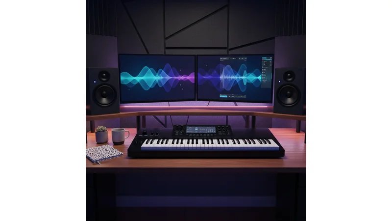 Estúdio de produção musical digital com teclado MIDI, monitores de áudio e tela mostrando DAW, ambiente de tecnologia musical
