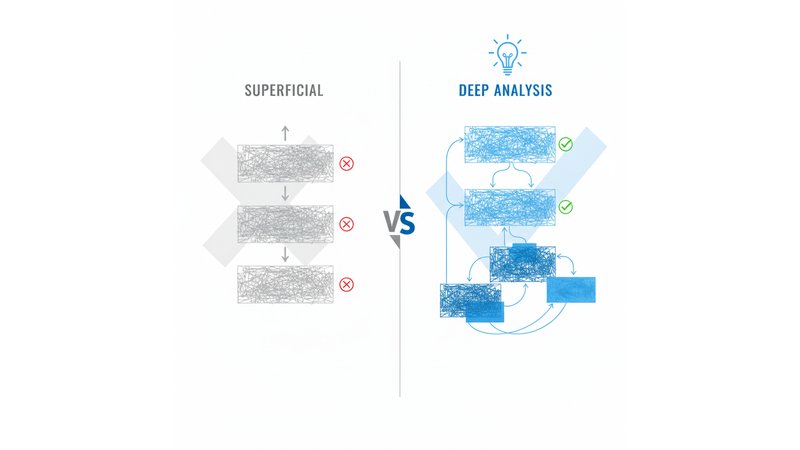 Comparação lado a lado de dois trechos de análise crítica — um superficial (apenas descrição) e outro profundo (com análise, citação teórica e proposta de melhoria). Use cores para destacar diferenças.
