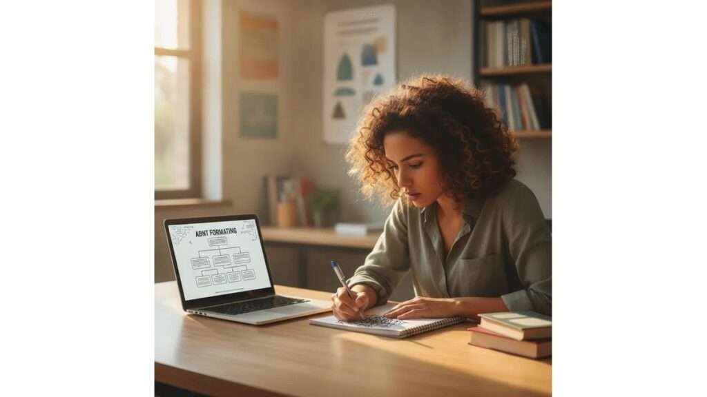 Estudante de Pedagogia analisando Relatório de Estágio Educação Infantil, com notas e computador em ambiente de estudo acolhedor