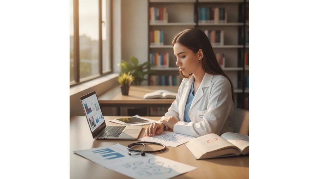 Estudante de enfermagem lendo Como Fazer Relatório de Estágio Técnico de Enfermagem em computador com documentos e anotações sobre a mesa