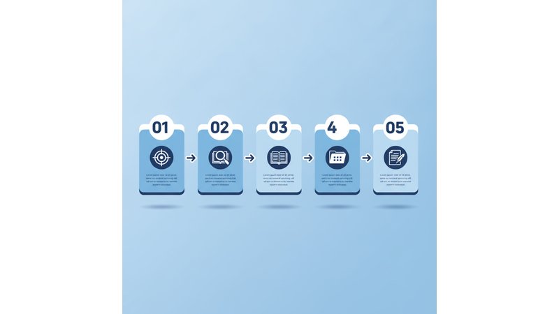 Diagrama visual em fluxo mostrando os 5 passos: 1) Definir Escopo → 2) Buscar e Selecionar Fontes → 3) Ler Criticamente e Anotar → 4) Organizar Tematicamente → 5) Escrever e Revisar. Setas conectando cada passo, cores diferentes para cada etapa.