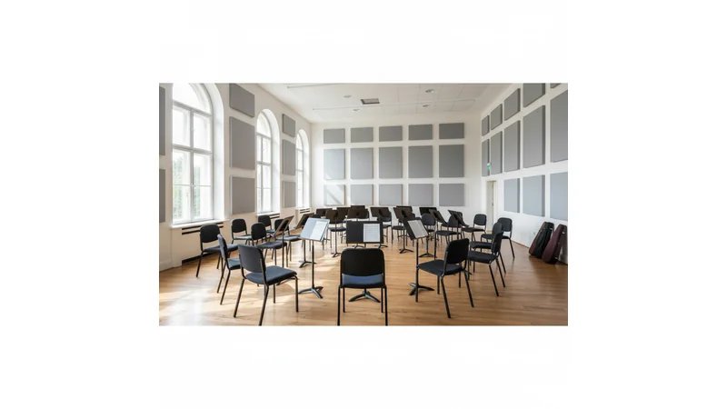Músico em recital de TCC com banca avaliadora ao fundo, ambiente formal de apresentação acadêmica