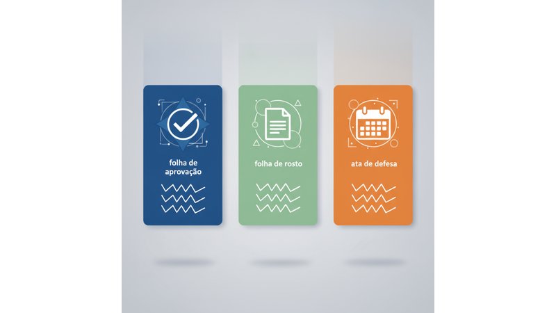 Tabela comparativa visual mostrando lado a lado as três folhas (folha de rosto, folha de aprovação e ata de defesa) com ícones e cores diferentes para facilitar a distinção