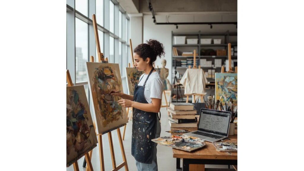 Estudante de artes visuais trabalhando em projeto de TCC em ateliê universitário, cercada por obras artísticas, livros de arte e laptop, integrando produção criativa e rigor acadêmico