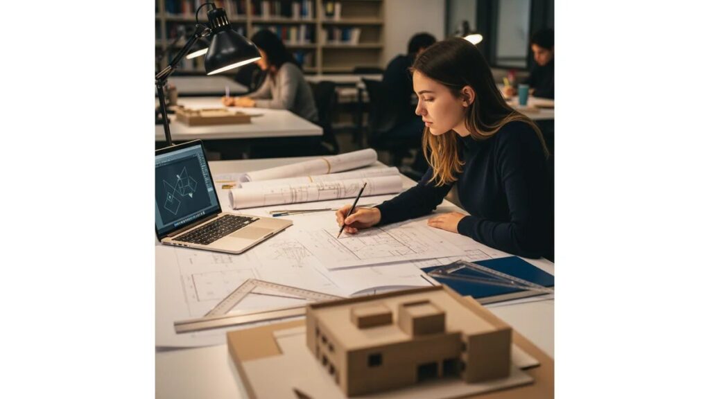 Estudante de arquitetura trabalhando em TCC de arquitetura com pranchas técnicas, laptop com software CAD e maquete física sobre mesa de estúdio universitário