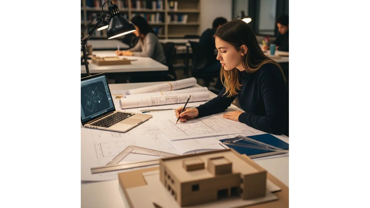 Estudante de arquitetura trabalhando em projeto de TCC com pranchas técnicas, laptop com software CAD e maquete física sobre mesa iluminada