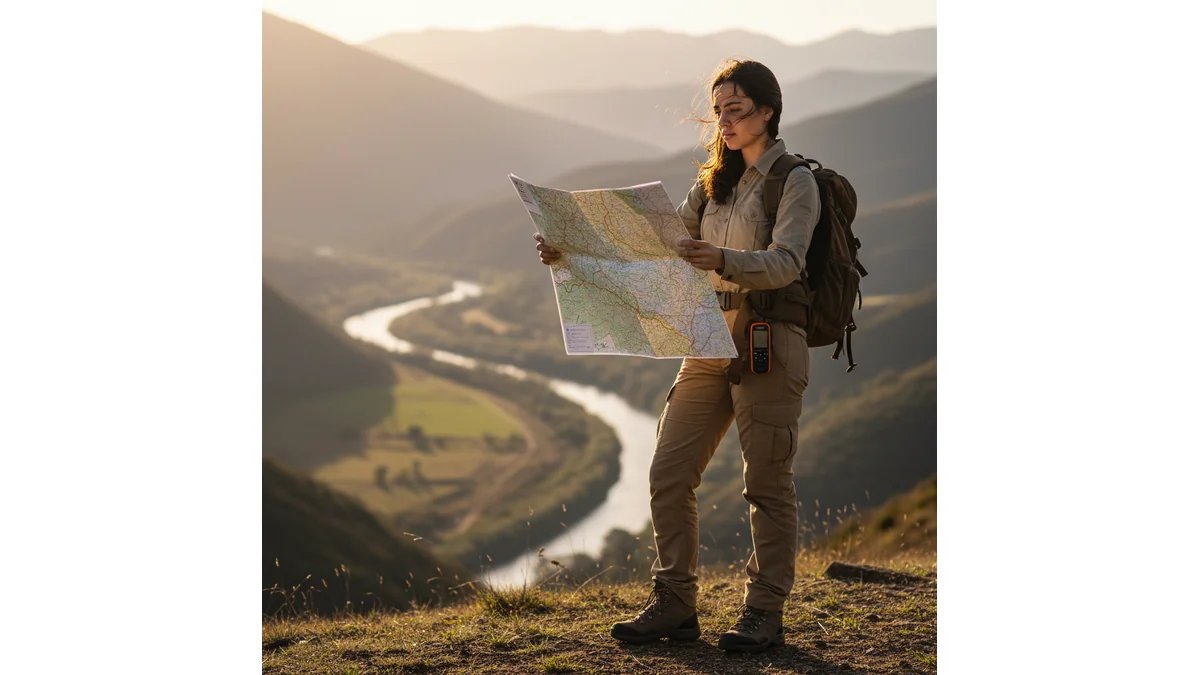 Estudante de Geografia em campo segurando mapa e GPS, com paisagem ao fundo, transmitindo pesquisa aplicada e análise espacial