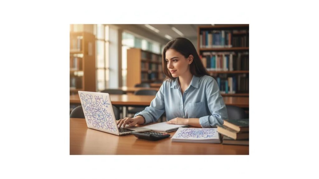 Estudante brasileira de matemática desenvolvendo TCC de matemática em biblioteca universitária moderna, com laptop, calculadora científica e caderno com diagramas abstratos