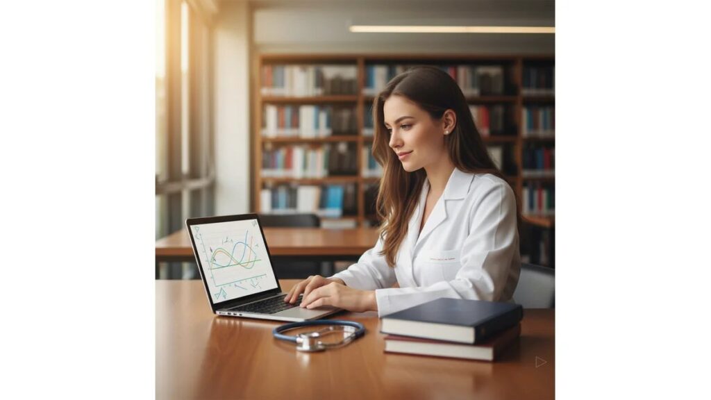 Estudante de medicina trabalhando em TCC de Medicina em laptop com livros médicos e estetoscópio sobre mesa de biblioteca universitária