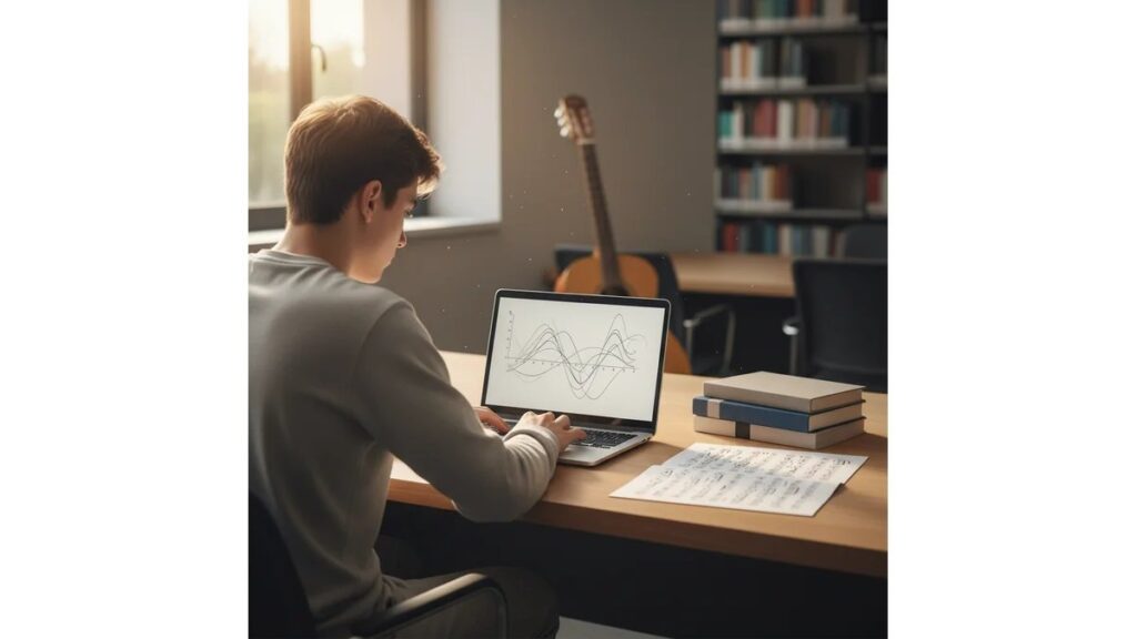 Estudante brasileiro de música trabalhando em TCC de música com notebook, partitura e violão ao fundo em biblioteca universitária moderna