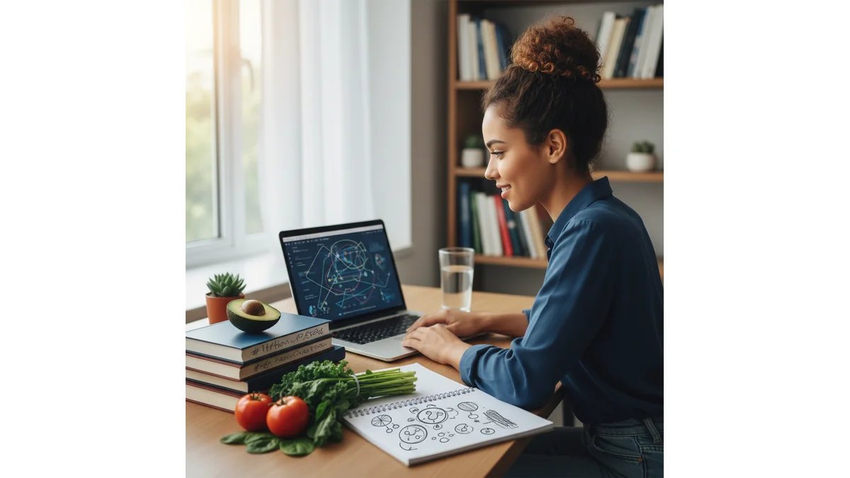Estudante de nutrição trabalhando em seu TCC, com livros de nutrição, laptop e anotações sobre mesa organizada, ambiente de estudo iluminado e motivador