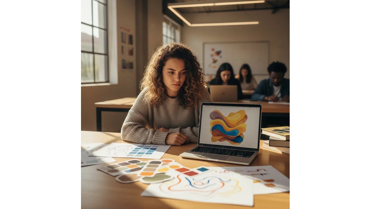 Estudante de Design Gráfico trabalhando em projeto de TCC em ambiente criativo, com sketches, paleta de cores e laptop aberto