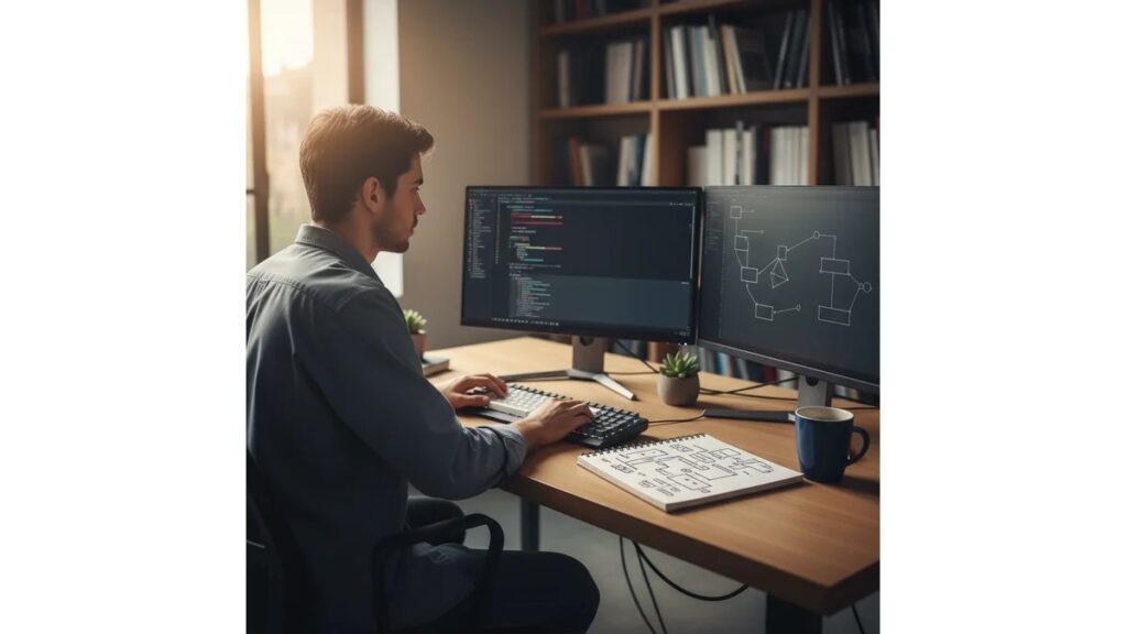 Estudante de Engenharia de Software trabalhando em TCC com código e diagramas UML em monitores, ambiente de desenvolvimento moderno