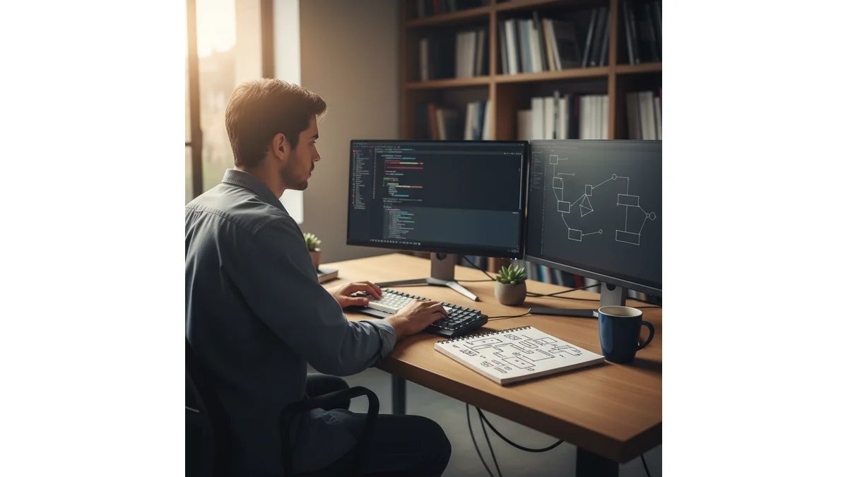 Estudante de Engenharia de Software trabalhando em código no notebook com diagramas UML na tela, ambiente de desenvolvimento moderno e organizado