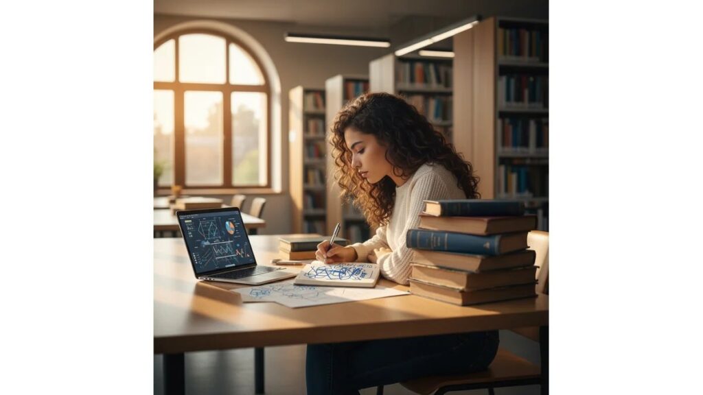 Estudante de tcc de história pesquisando fontes primárias em biblioteca com documentos históricos e livros sobre metodologia historiográfica
