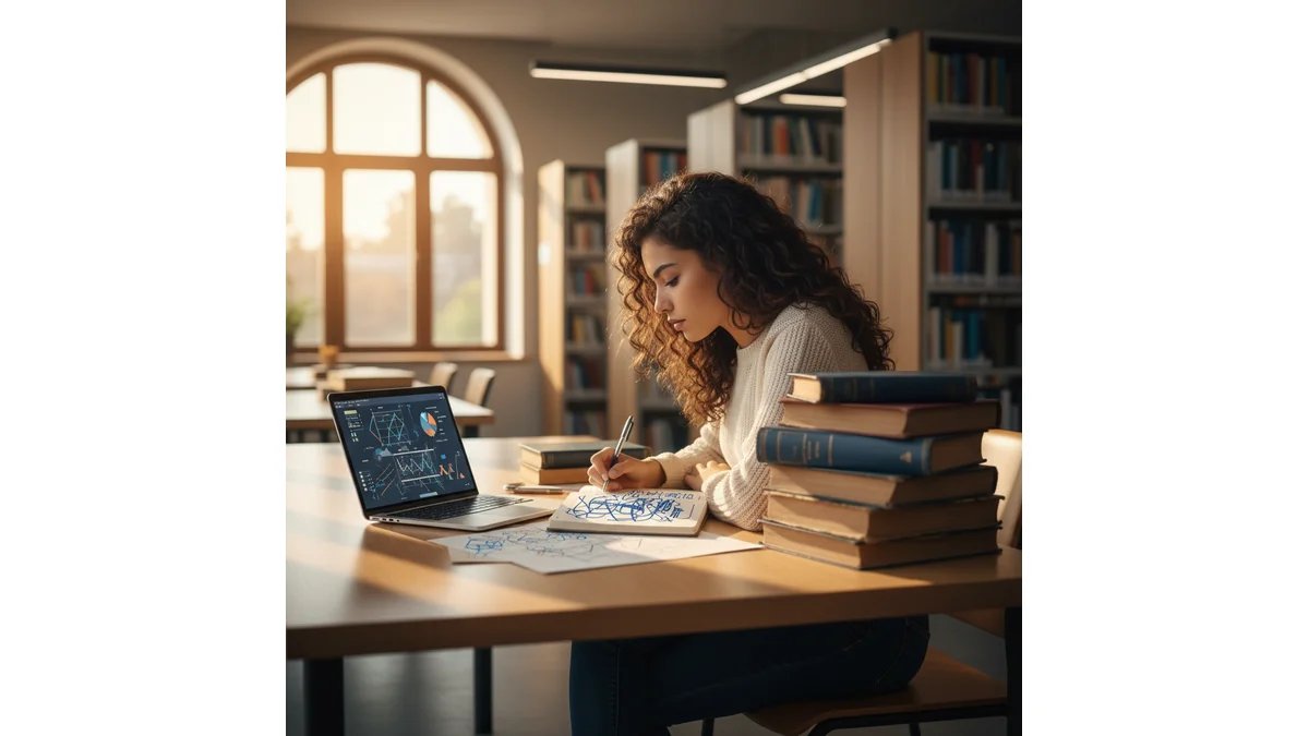 Estudante de História analisando documentos históricos e livros antigos em biblioteca universitária, com notebook aberto e anotações sobre metodologia de pesquisa