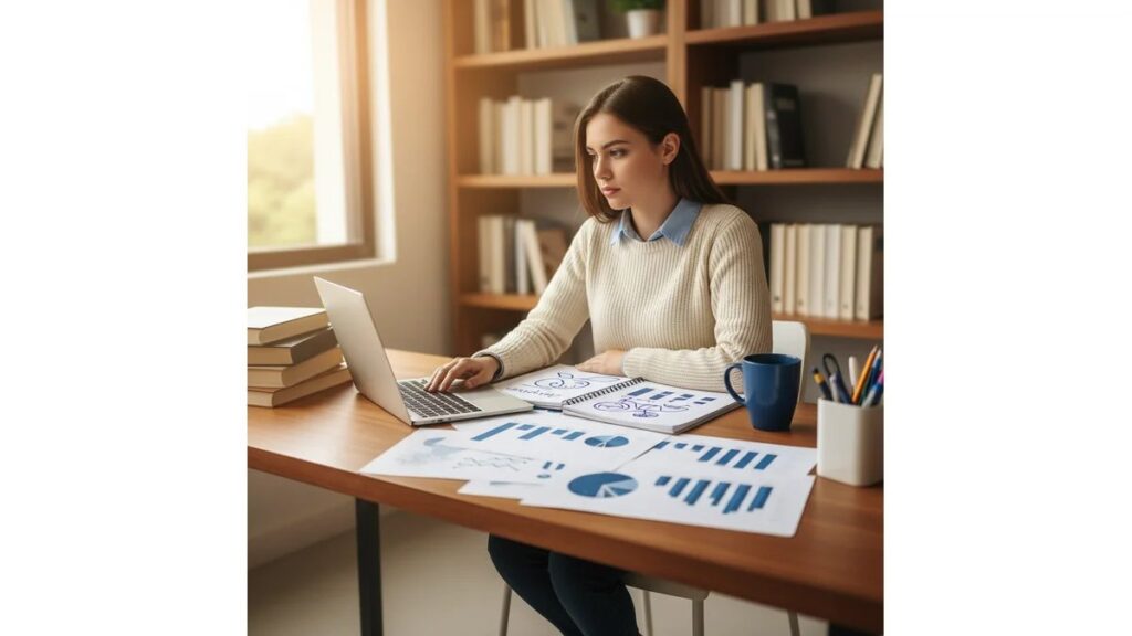 Estudante de TCC de Logística trabalhando em notebook com gráficos de indicadores logísticos e materiais de estudo organizados sobre mesa