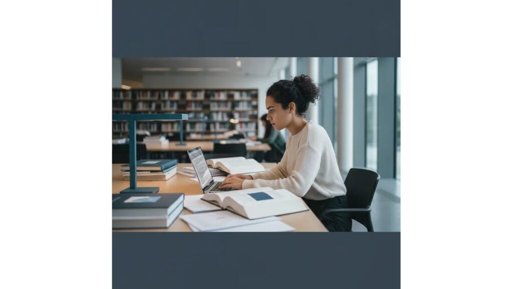 Estudante de pós-graduação revisando dissertação em laptop em biblioteca universitária moderna, cercada por livros e anotações, transmitindo profissionalismo e estrutura de TCC