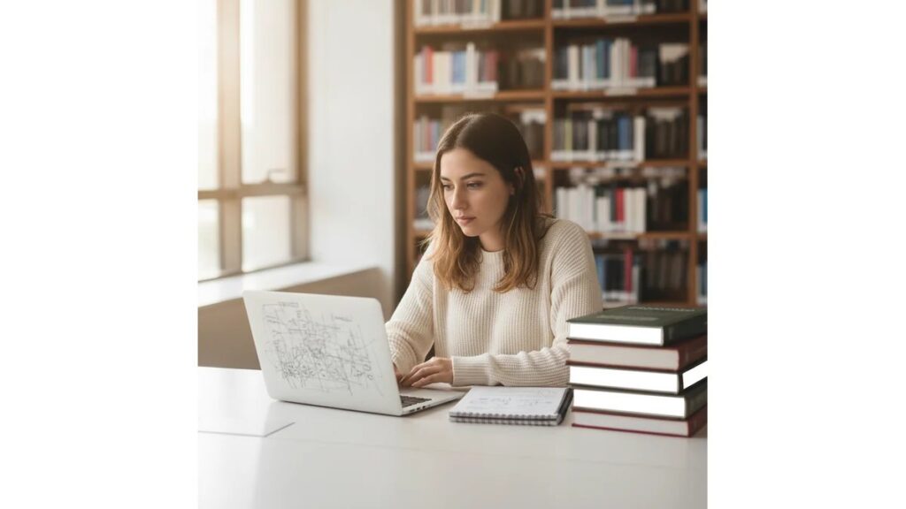 Estudante de Psicologia estruturando Como Fazer um TCC de Psicologia em mesa de trabalho com laptop, livros e anotações