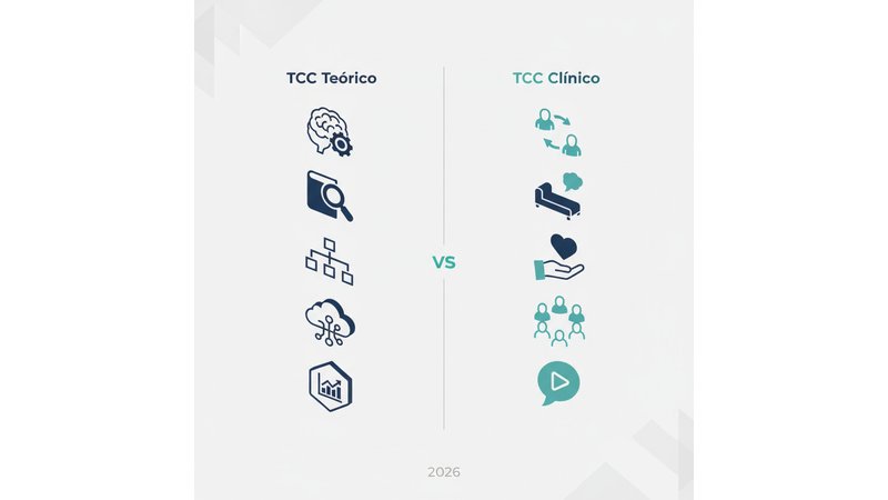 Tabela comparativa visual (TCC Teórico vs. TCC Clínico) com ícones e cores diferenciadas