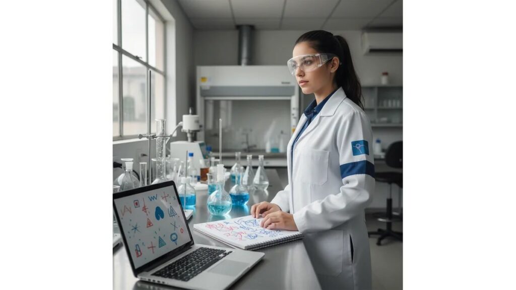 Estudante de TCC de Química em laboratório universitário com vidrarias científicas, notebook e equipamentos de pesquisa