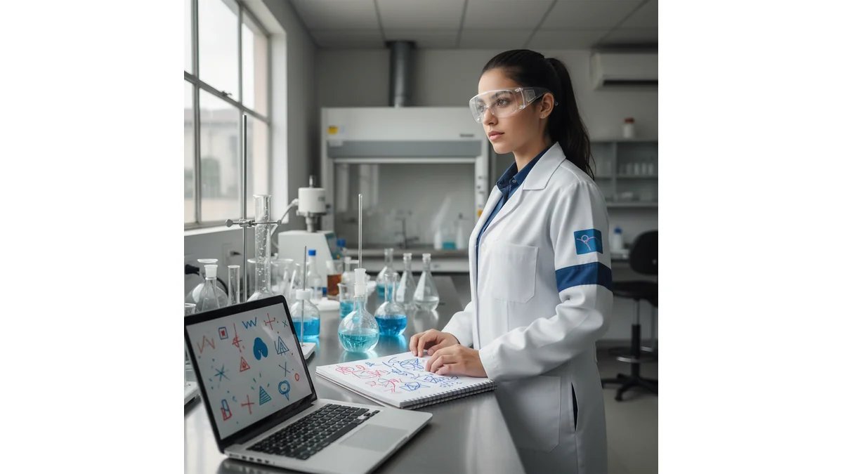 Estudante de Química em laboratório analisando vidrarias e equipamentos científicos, com elementos visuais de TCC (caderno, laptop, gráficos) ao fundo