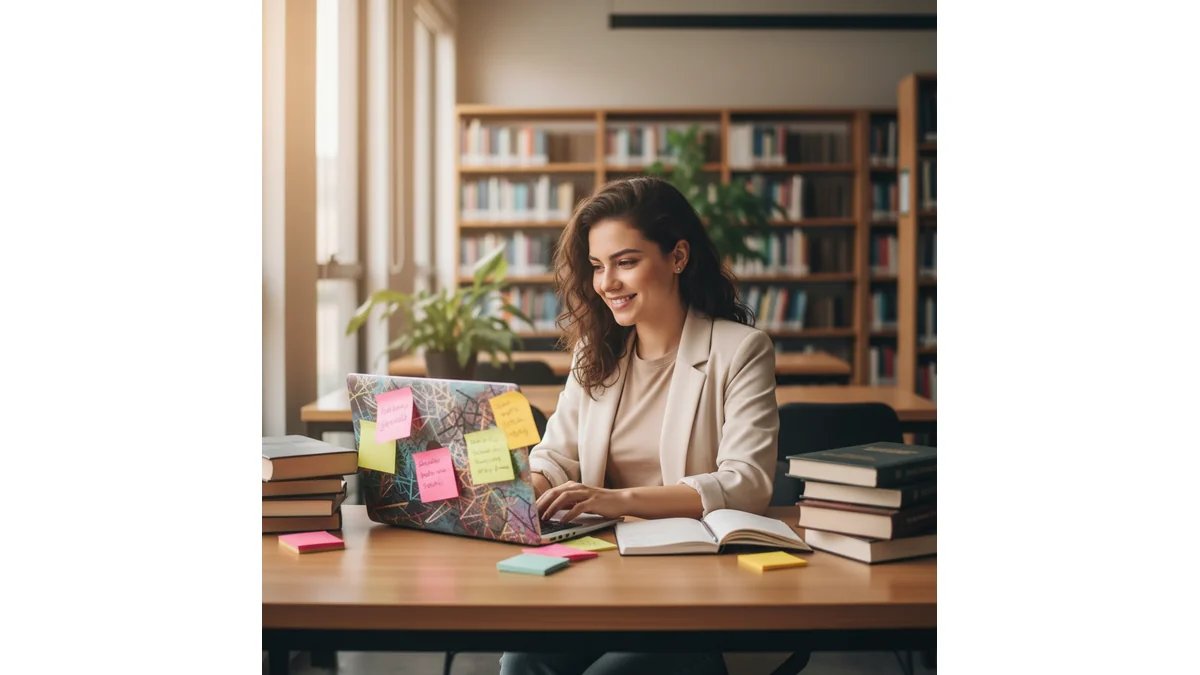 Estudante universitário de RH sorrindo enquanto trabalha em seu TCC no notebook, com livros de Recursos Humanos e anotações organizadas na mesa, ambiente de estudo iluminado e motivador
