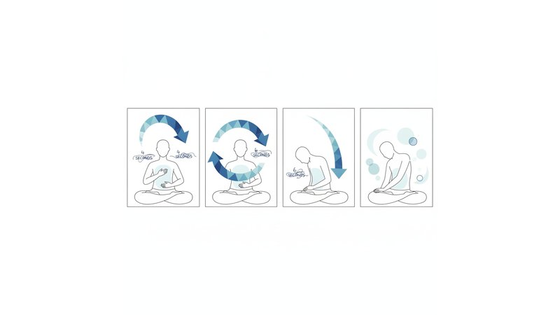 Ilustração passo-a-passo da técnica de respiração diafragmática, mostrando a posição das mãos, o movimento da barriga e os tempos (inspire 4s, segure 4s, expire 6s).