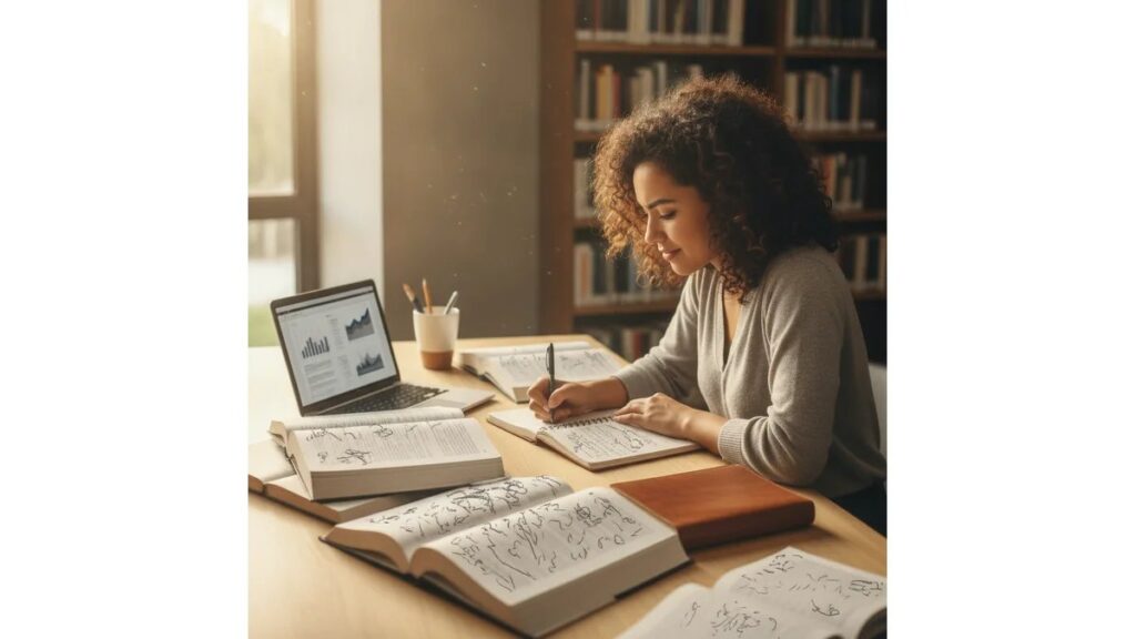 Estudante universitária em biblioteca aprendendo em Como Fazer Revisão de Literatura para TCC, cercada por livros e anotações
