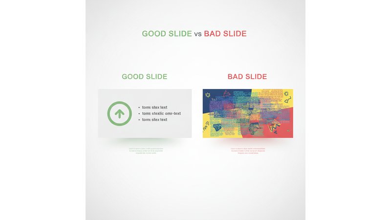 Comparação lado-a-lado de dois slides: um bem formatado (limpo, com poucos pontos, fonte grande, cores contrastantes) e outro mal formatado (poluído, muito texto, cores confusas, difícil de ler).