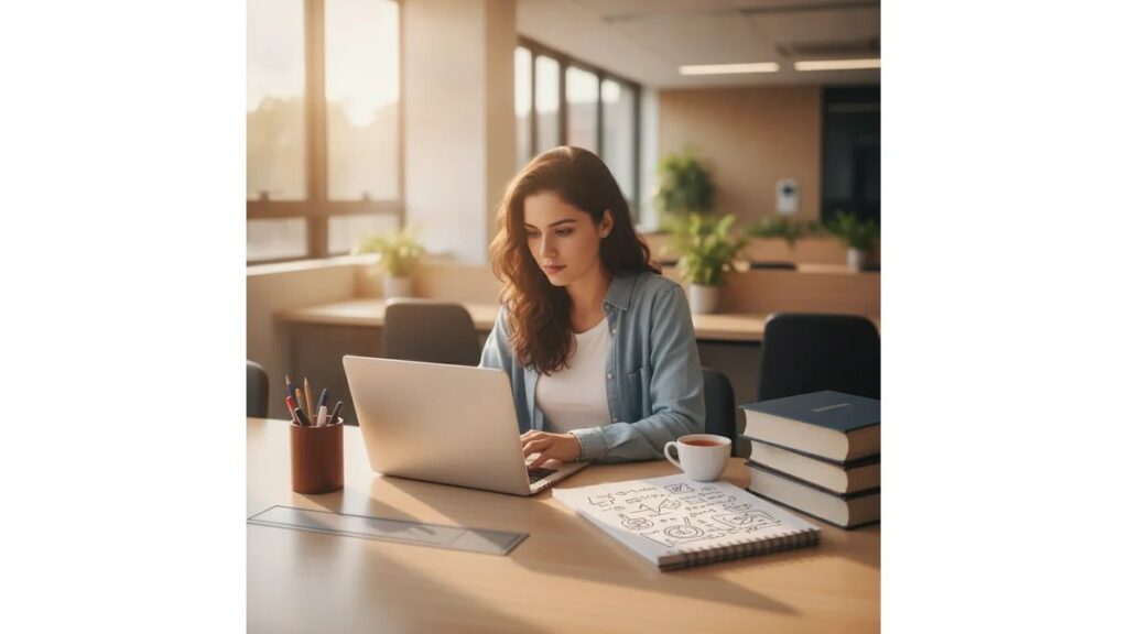 Estudante universitária trabalhando em como fazer TCC em Taubaté com laptop, livros e anotações sobre estrutura ABNT