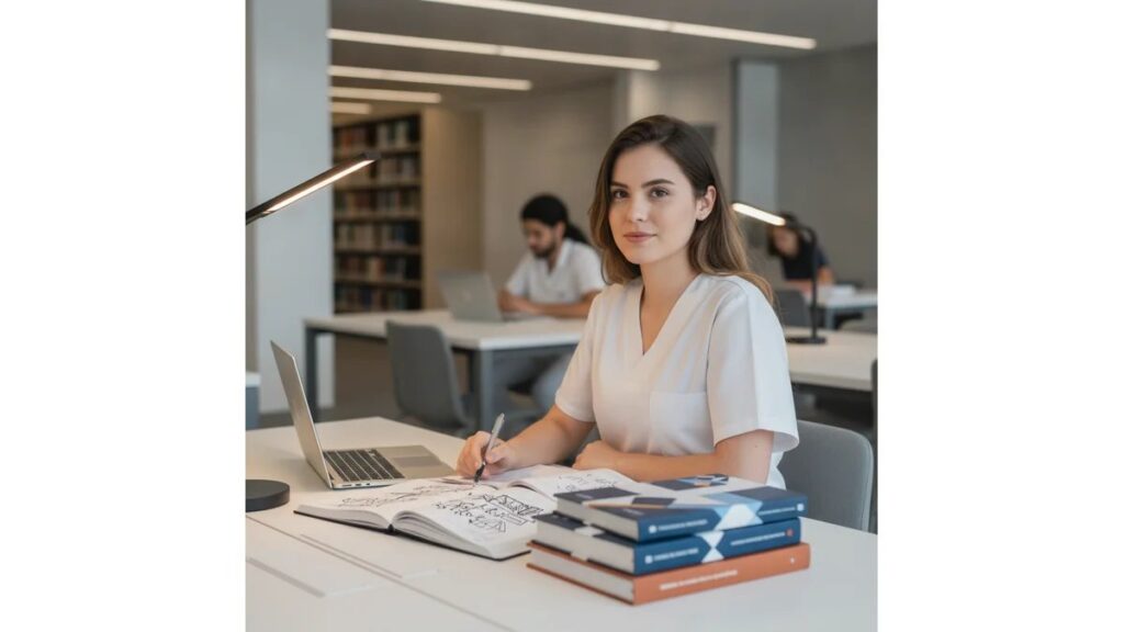 Estudante de enfermagem técnica estudando em biblioteca universitária com livros e notebook, representando estrutura de Como Fazer um TCC Técnico de Enfermagem