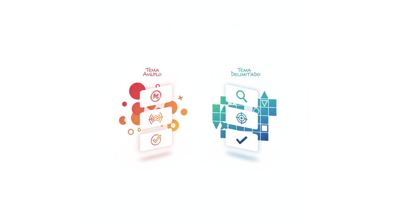 Tabela visual mostrando comparação lado a lado entre tema amplo (em vermelho) e tema delimitado (em verde), com ícones de X e check