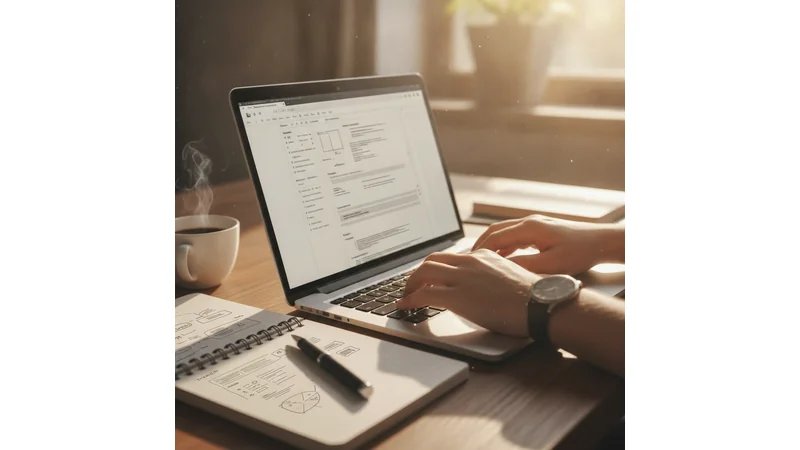 Mãos digitando no laptop com documento de TCC aberto no Word, ambiente de trabalho acadêmico com anotações aprendendo em Como Formatar seu TCC no Word