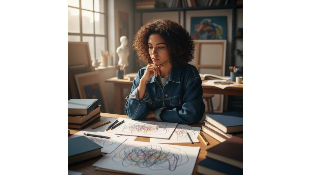 Estudante de artes visuais pesquisando temas para tcc de artes visuais em ateliê universitário cercada de livros e esboços