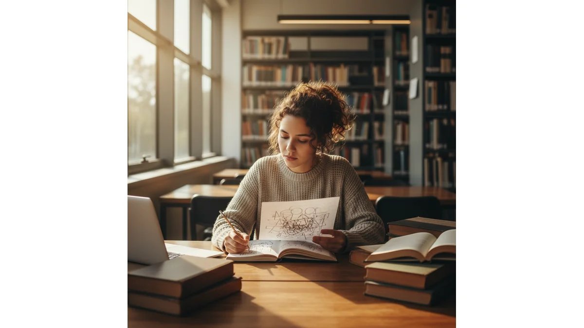 Estudante de História em biblioteca universitária consultando livros antigos e fazendo anotações em notebook, ambiente acadêmico acolhedor com estantes de livros ao fundo