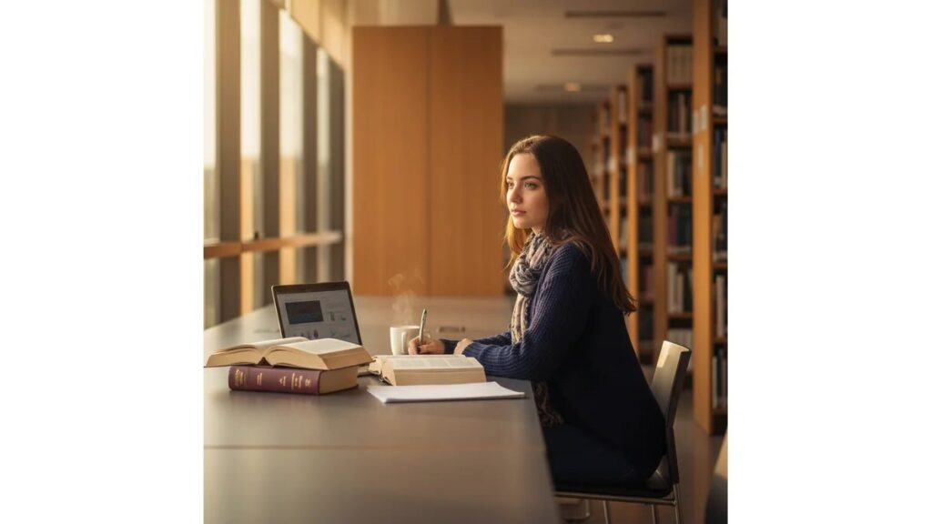 Estudante de Letras concentrada em biblioteca universitária moderna, cercada de livros de literatura e laptop aberto, representando o momento de escolha de temas para TCC de Letras