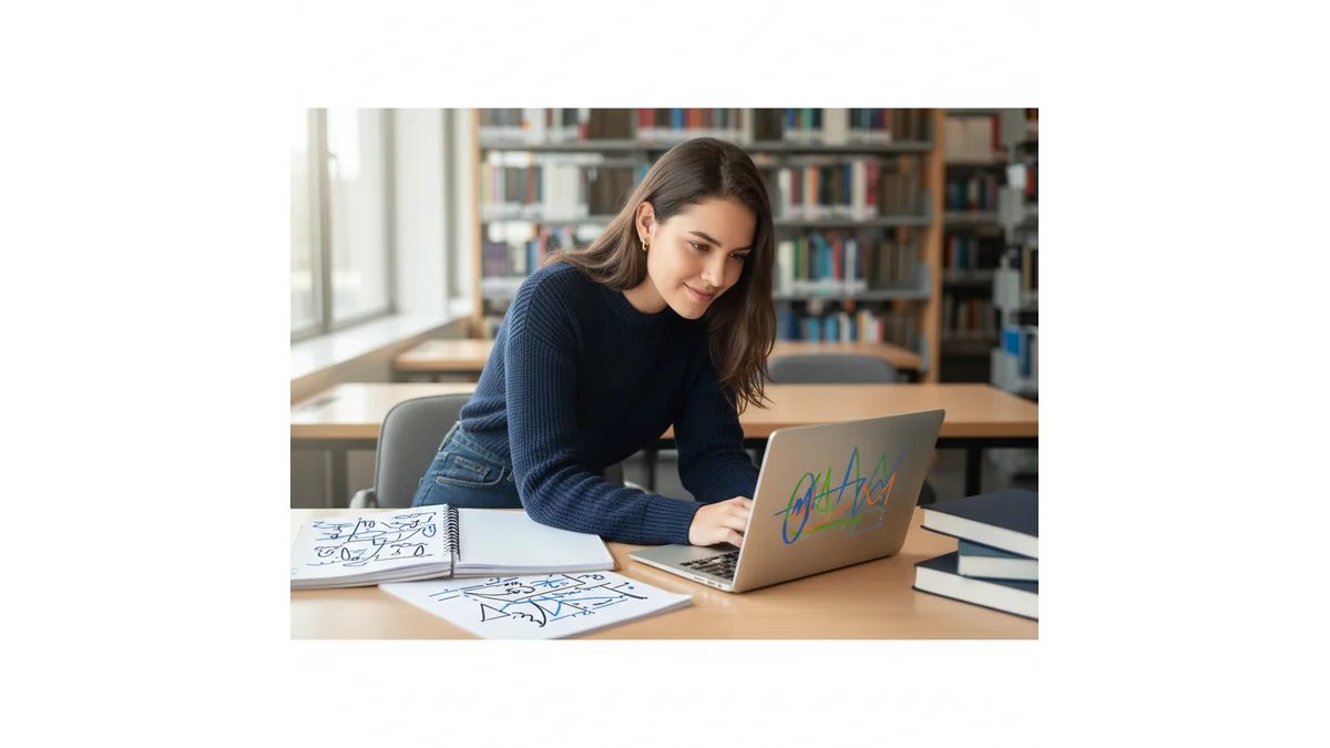 Estudante de Logística pesquisando temas de TCC em biblioteca moderna, com notebook aberto e livros de supply chain ao redor