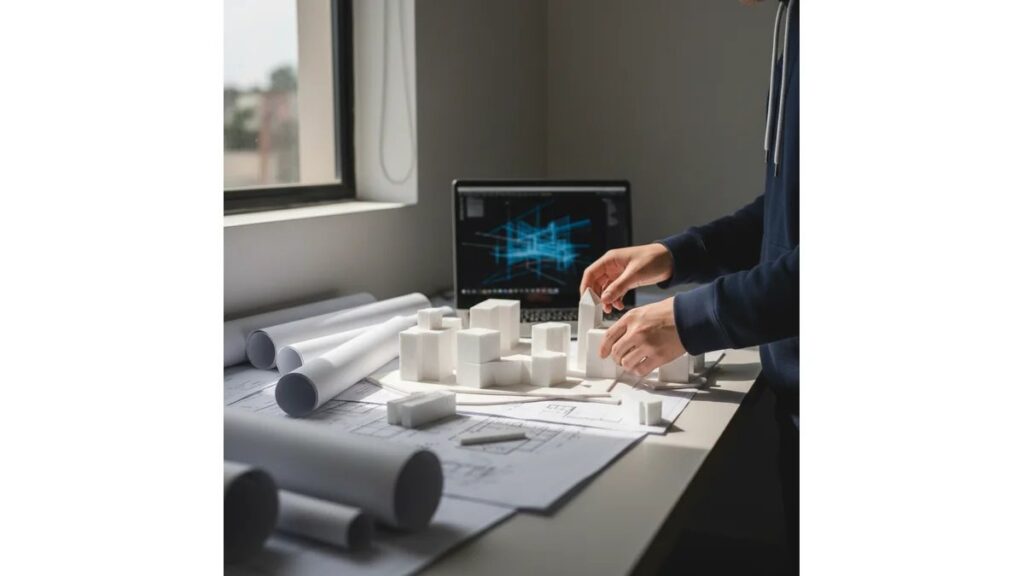 Estudante de arquitetura trabalhando em maquete física e projeto digital em mesa de ateliê universitário, representando o processo de desenvolvimento de temas para TCC de arquitetura